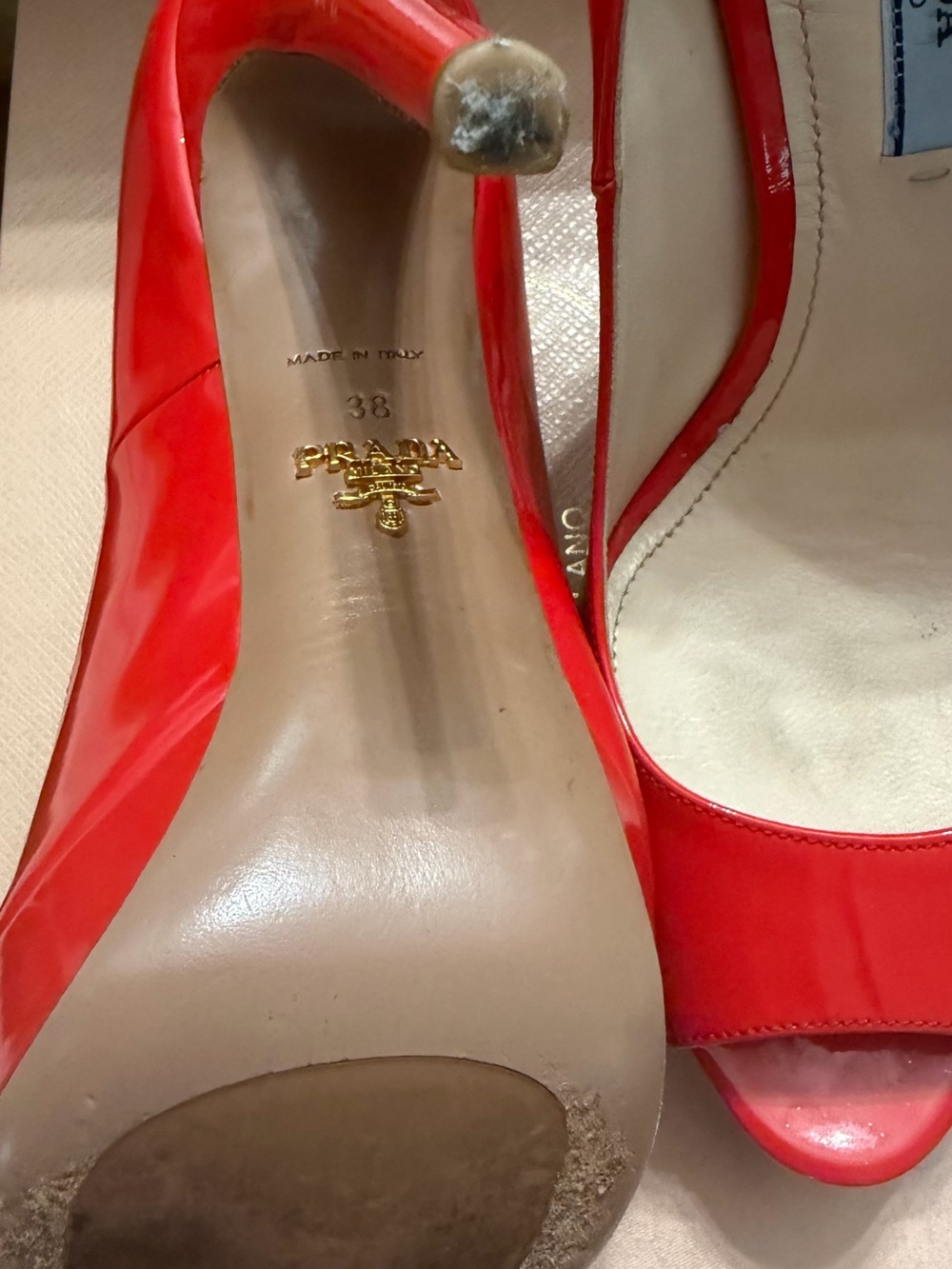 Prada Coral Red Patent Leather Peep-Toe Heels - Picture 2 of 3
